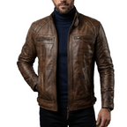 Brown leather jacket worn by a person on a white background