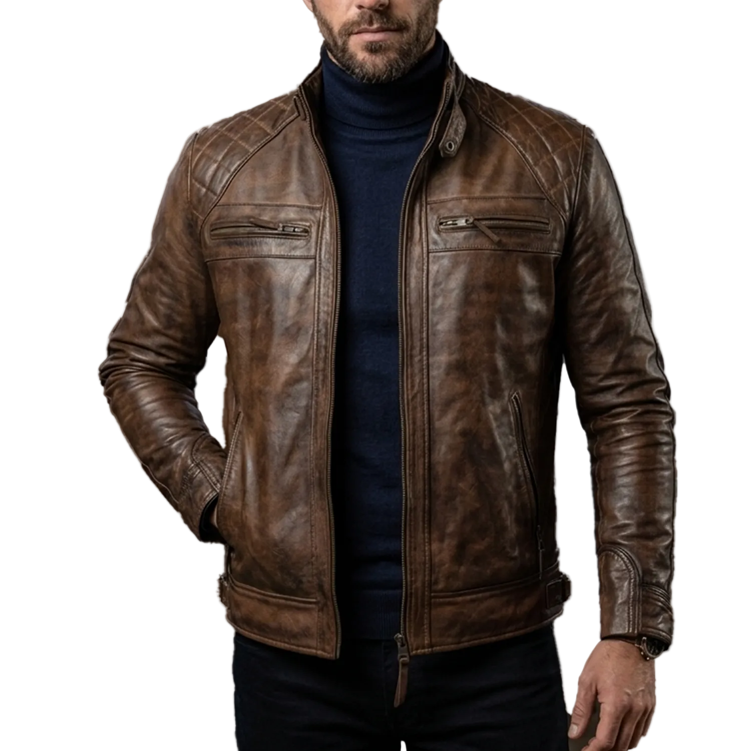 Brown leather jacket worn by a person on a white background
