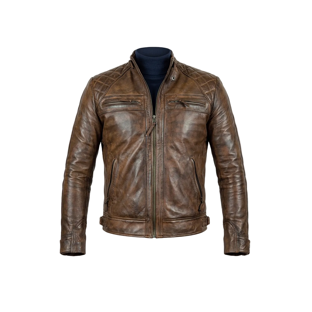 Brown leather jacket on a mannequin with a white background