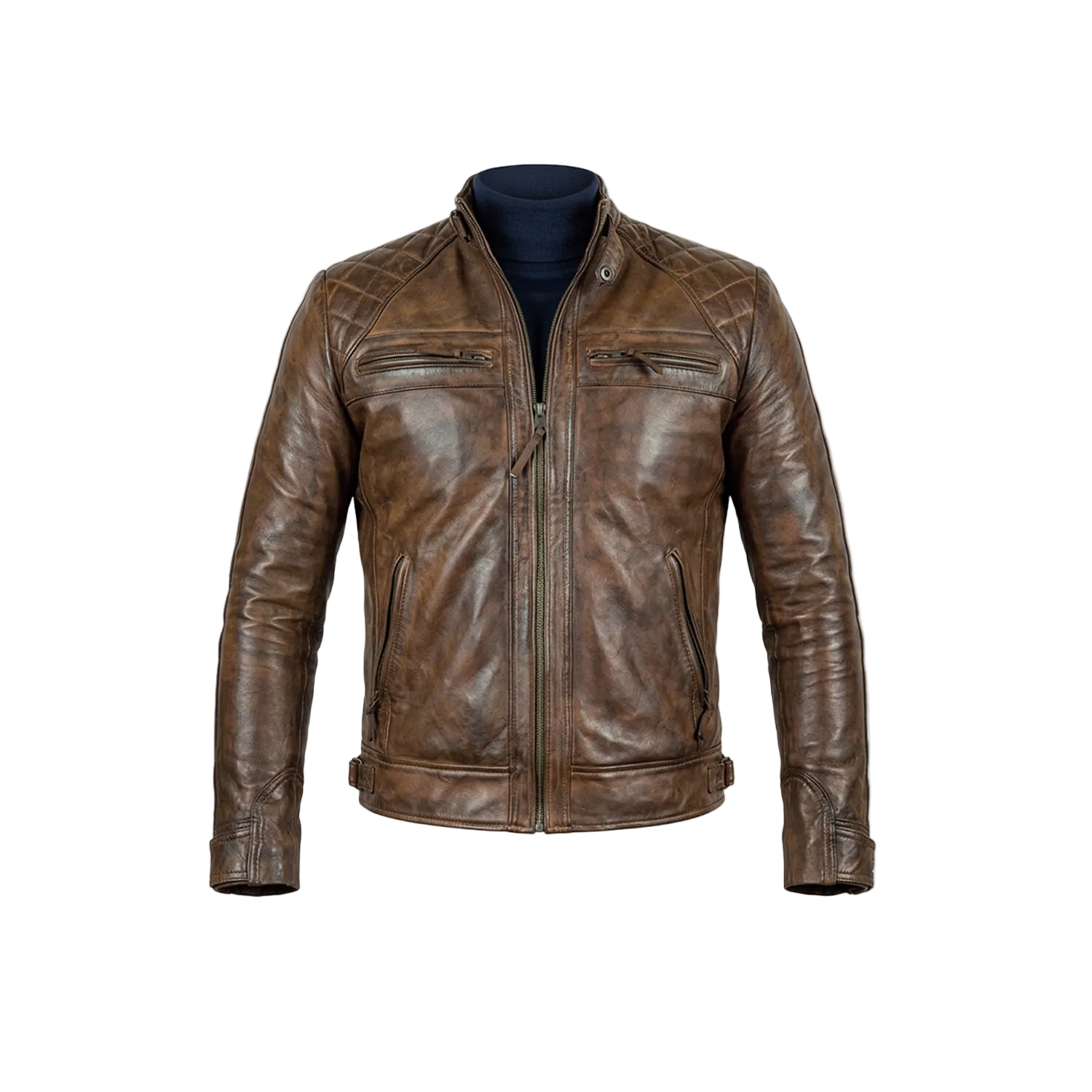 Brown leather jacket on a mannequin with a white background