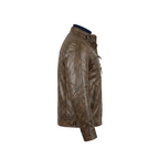 Brown leather jacket on a white background with a brand logo.