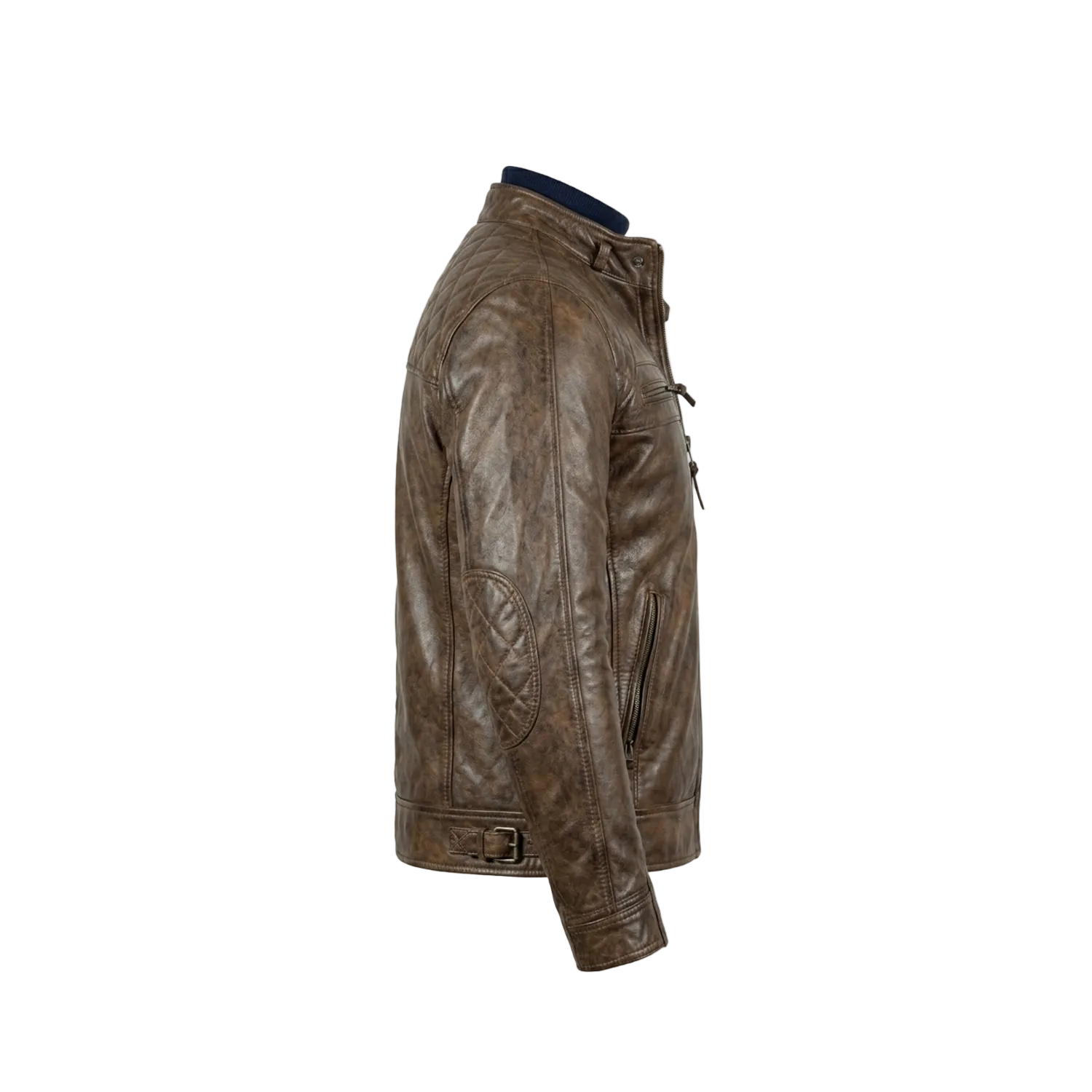 Brown leather jacket on a white background with a brand logo.