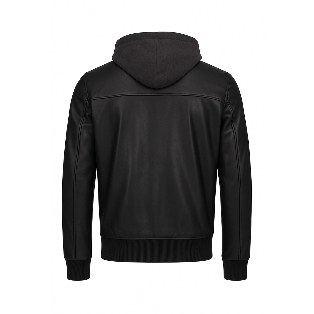 Black leather hoodie on a white background