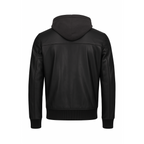Black leather hoodie on a white background