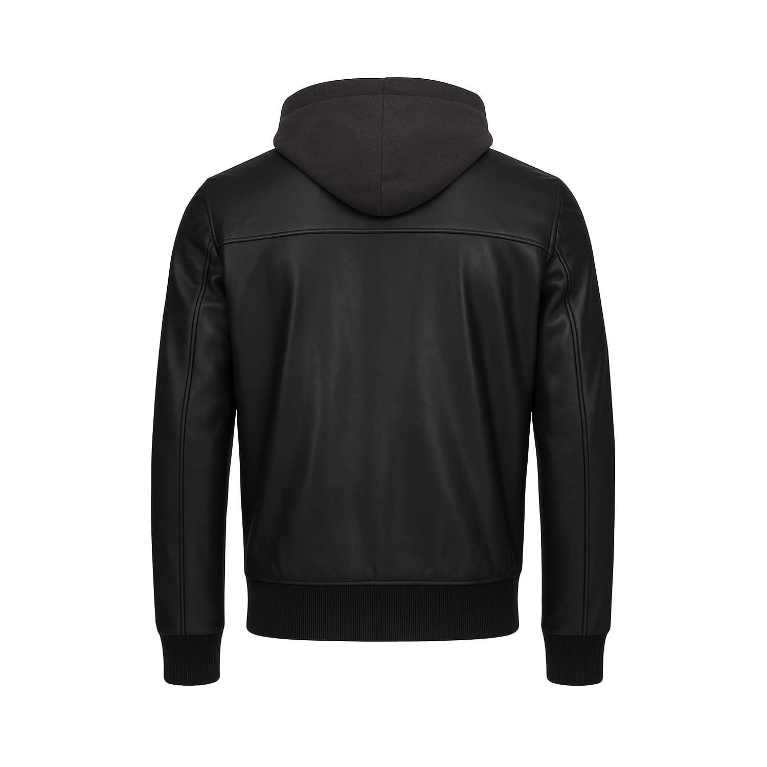 Black leather hoodie on a white background