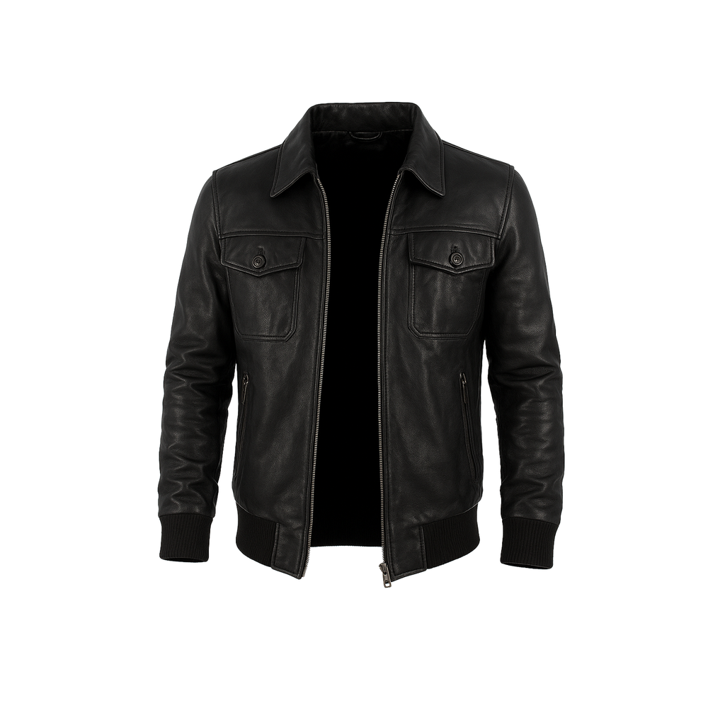Black leather jacket on a white background
