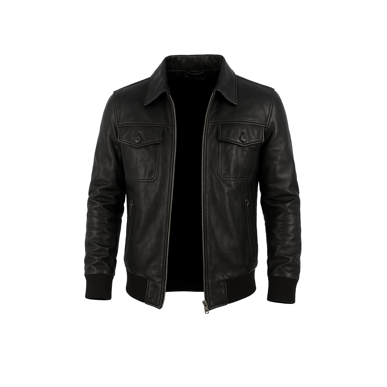 Black leather jacket on a white background