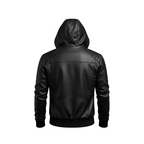 Black leather hoodie on a white background with brand logo.