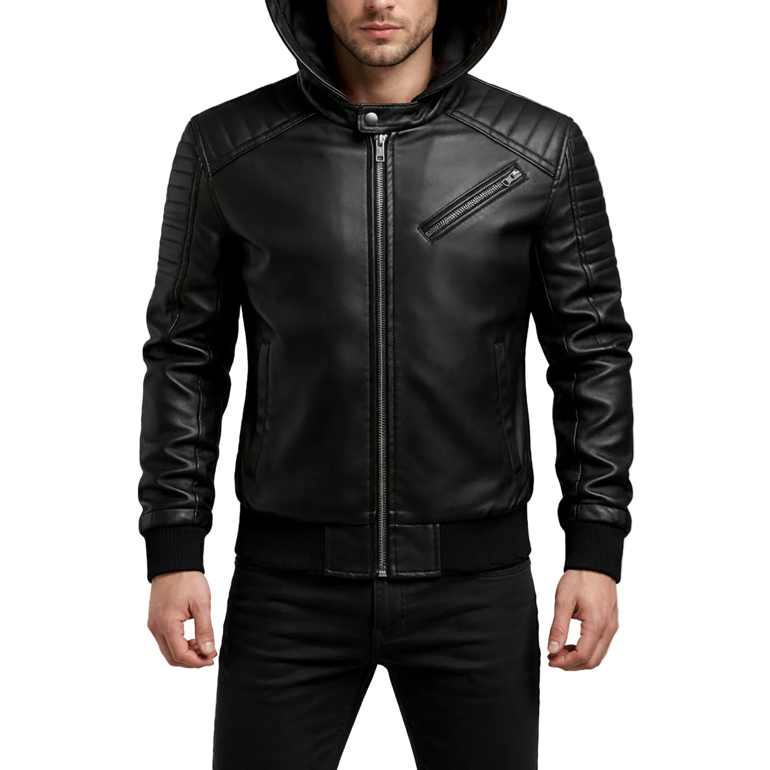 Black leather jacket with a hood on a white background