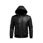 Black leather jacket with a hood on a white background