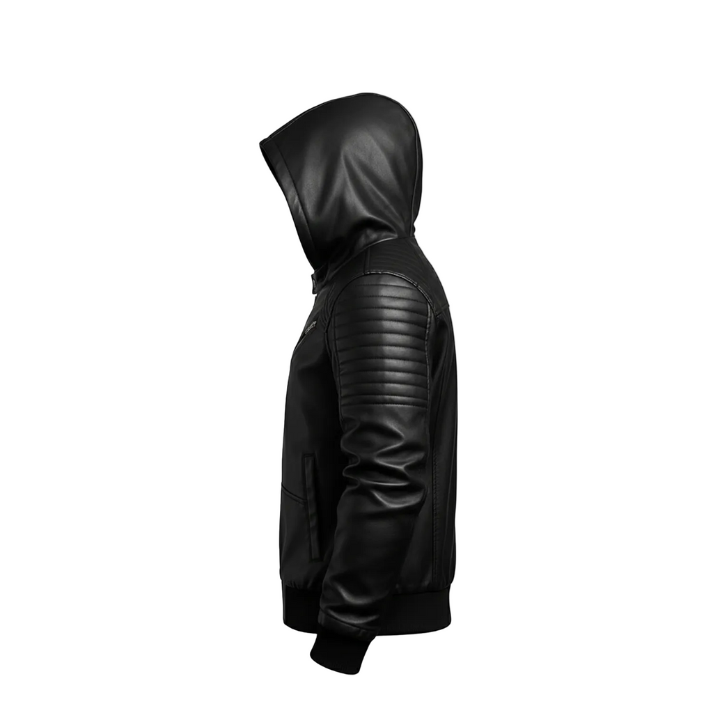 Black leather hoodie with quilted design on a white background