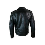 Black leather jacket on a white background with a brand logo.