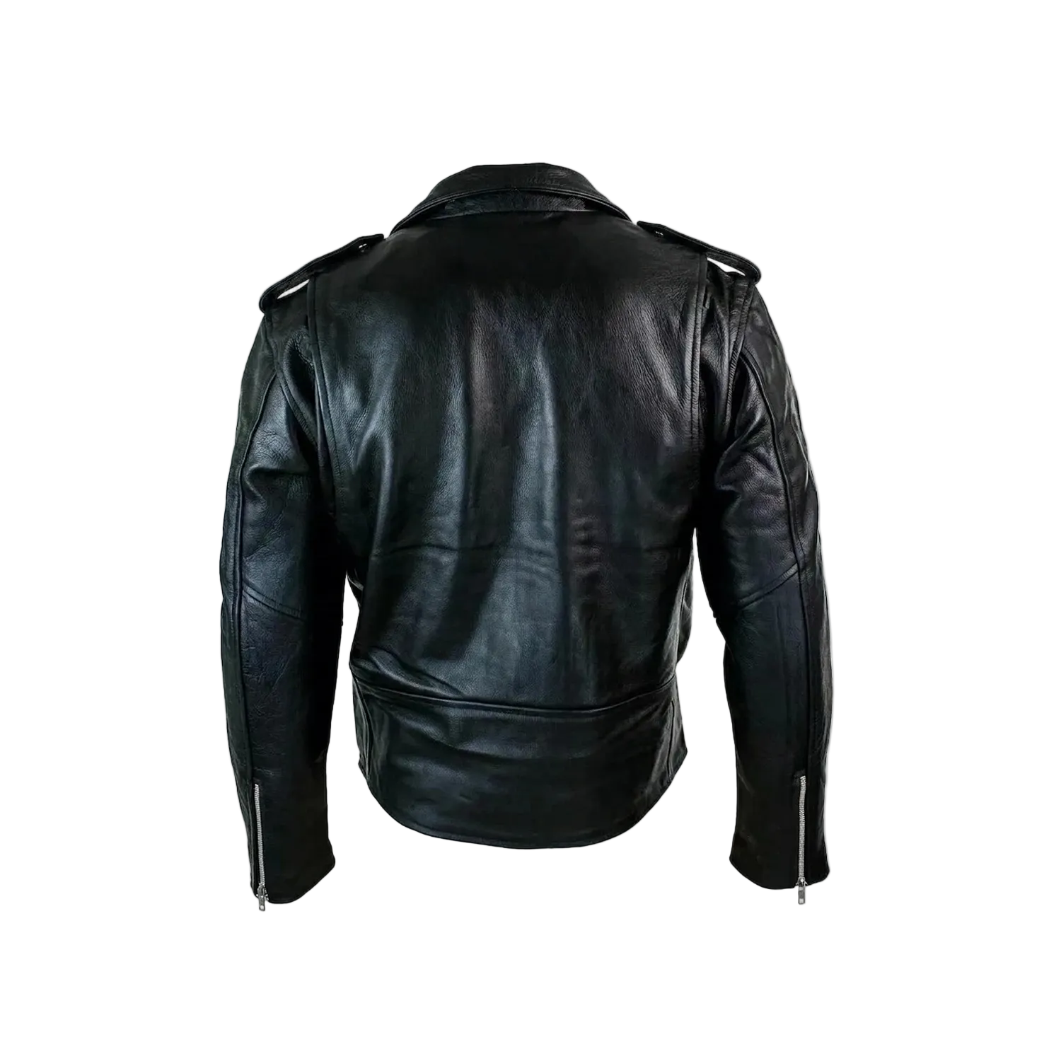 Black leather jacket on a white background with a brand logo.