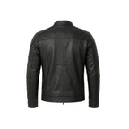 Black leather jacket on a white background with a brand logo.