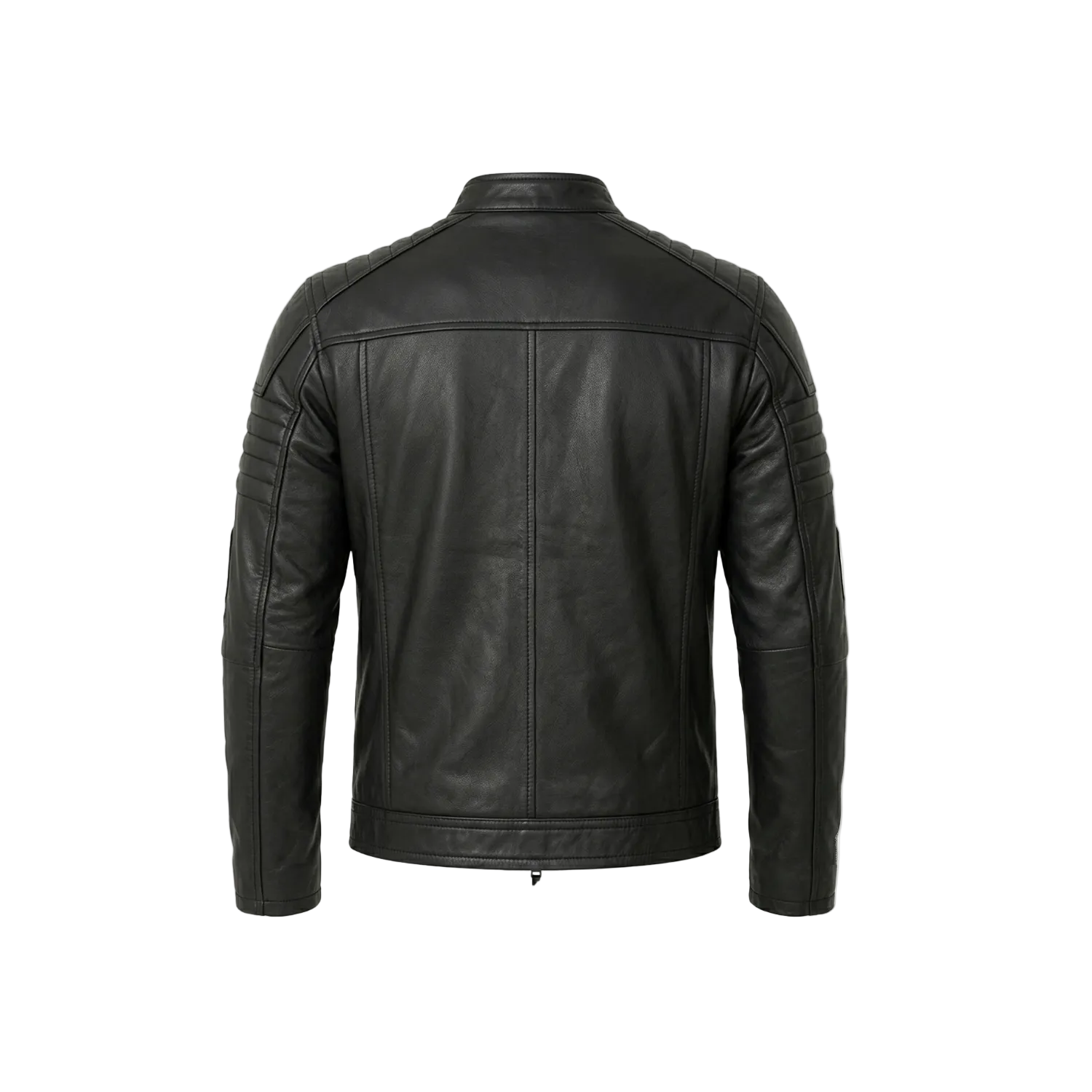 Black leather jacket on a white background with a brand logo.