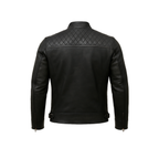 Black leather jacket with quilted design on the back against a white background