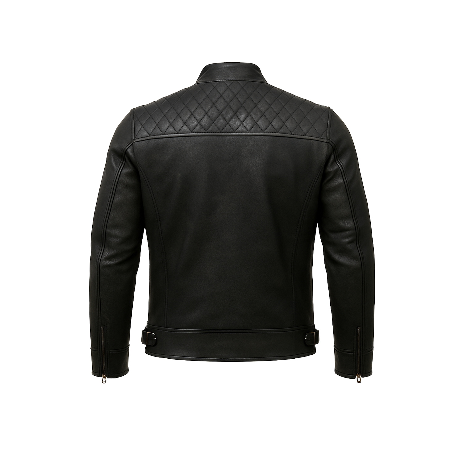 Black leather jacket with quilted design on the back against a white background