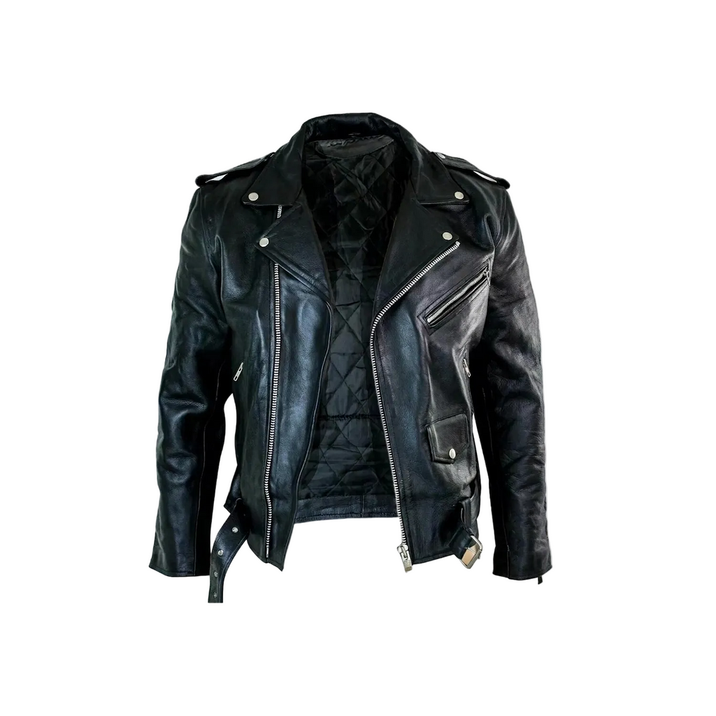 Black leather jacket on a white background with a brand logo.