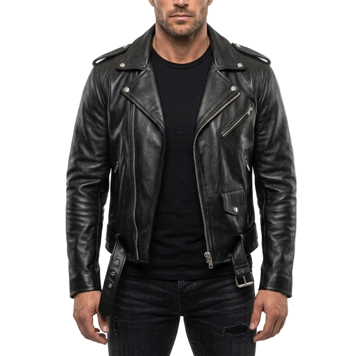 Man wearing a black leather jacket on a white background