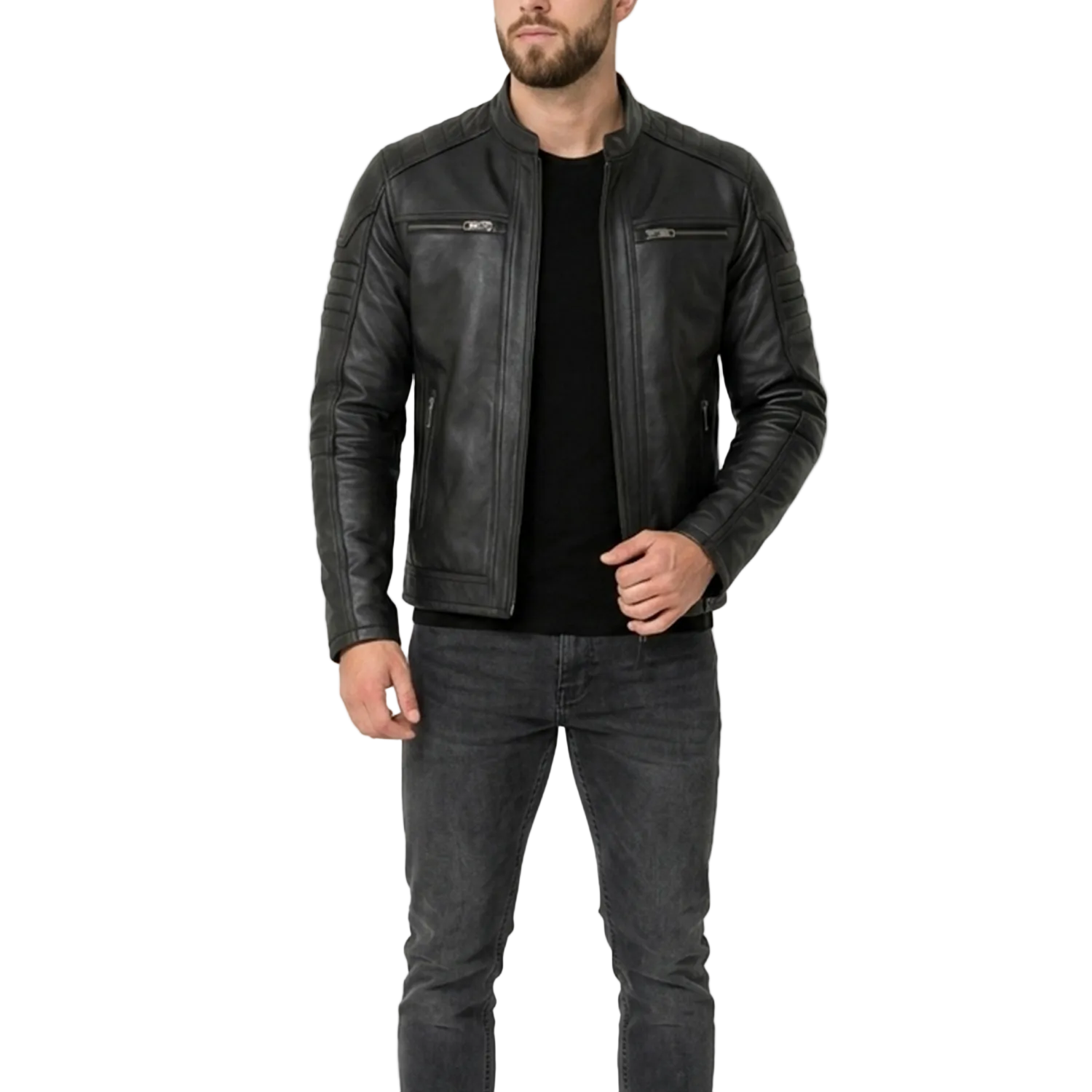 Man wearing a black leather jacket and dark jeans on a white background