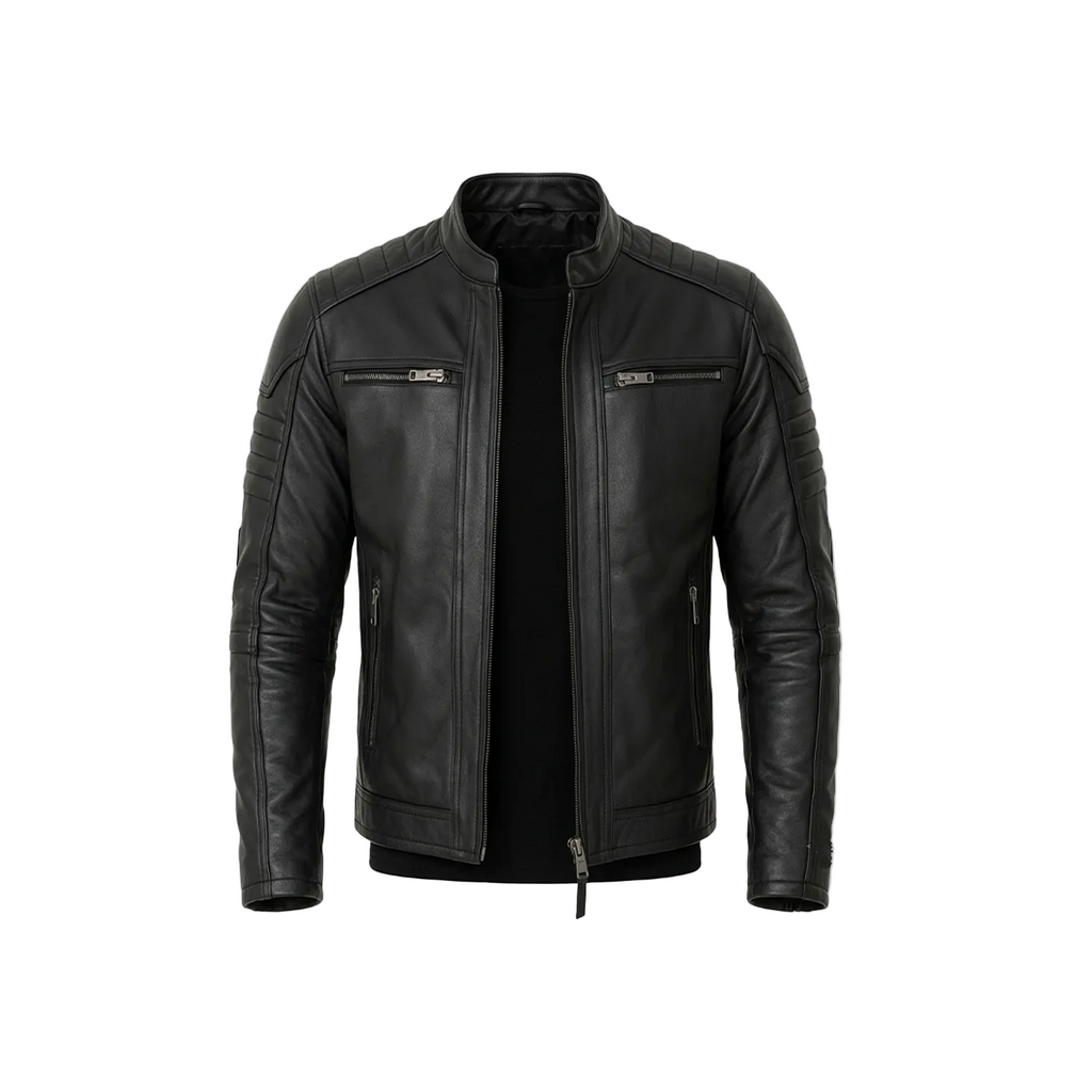 Black leather jacket on a white background with a brand logo.