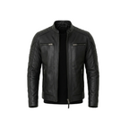 Black leather jacket on a white background with a brand logo.