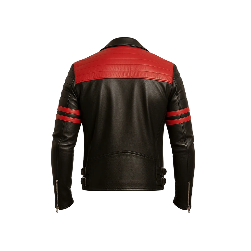 Black leather jacket with red accents on a white background