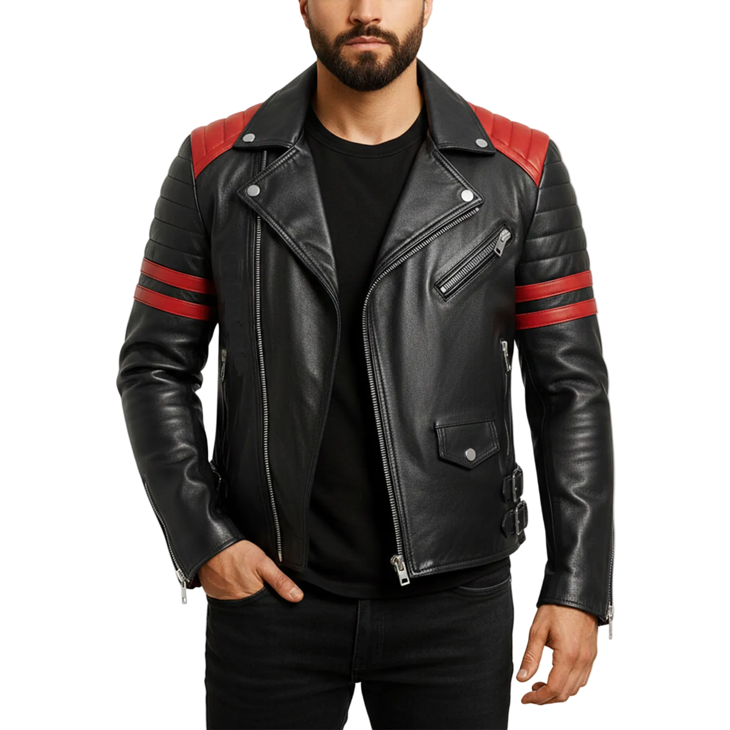 Black leather jacket with red stripes on sleeves worn by a person, brand logo visible
