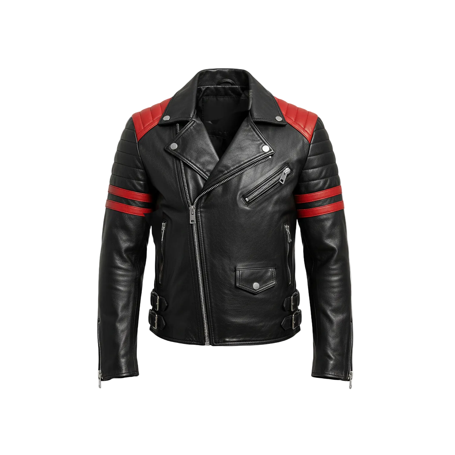 Black leather jacket with red accents on a white background