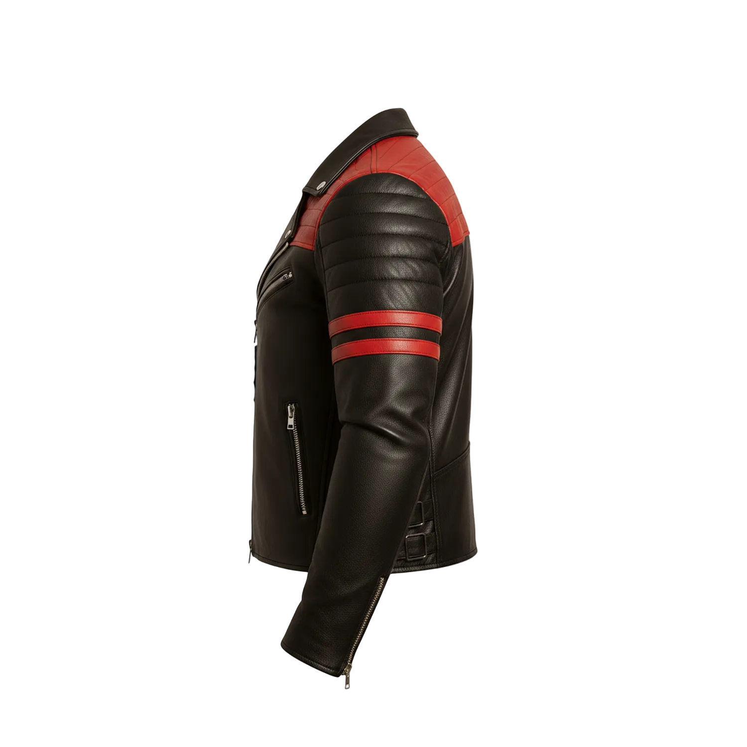 Black leather jacket with red accents on a white background