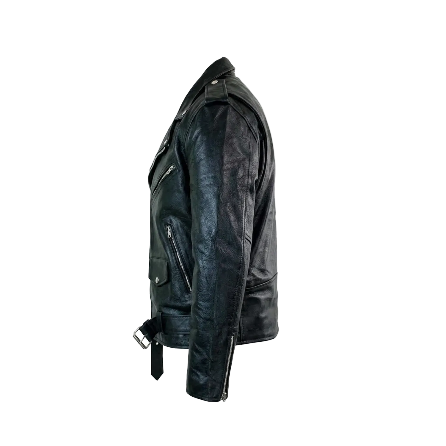 Black leather jacket on a white background with a brand logo.