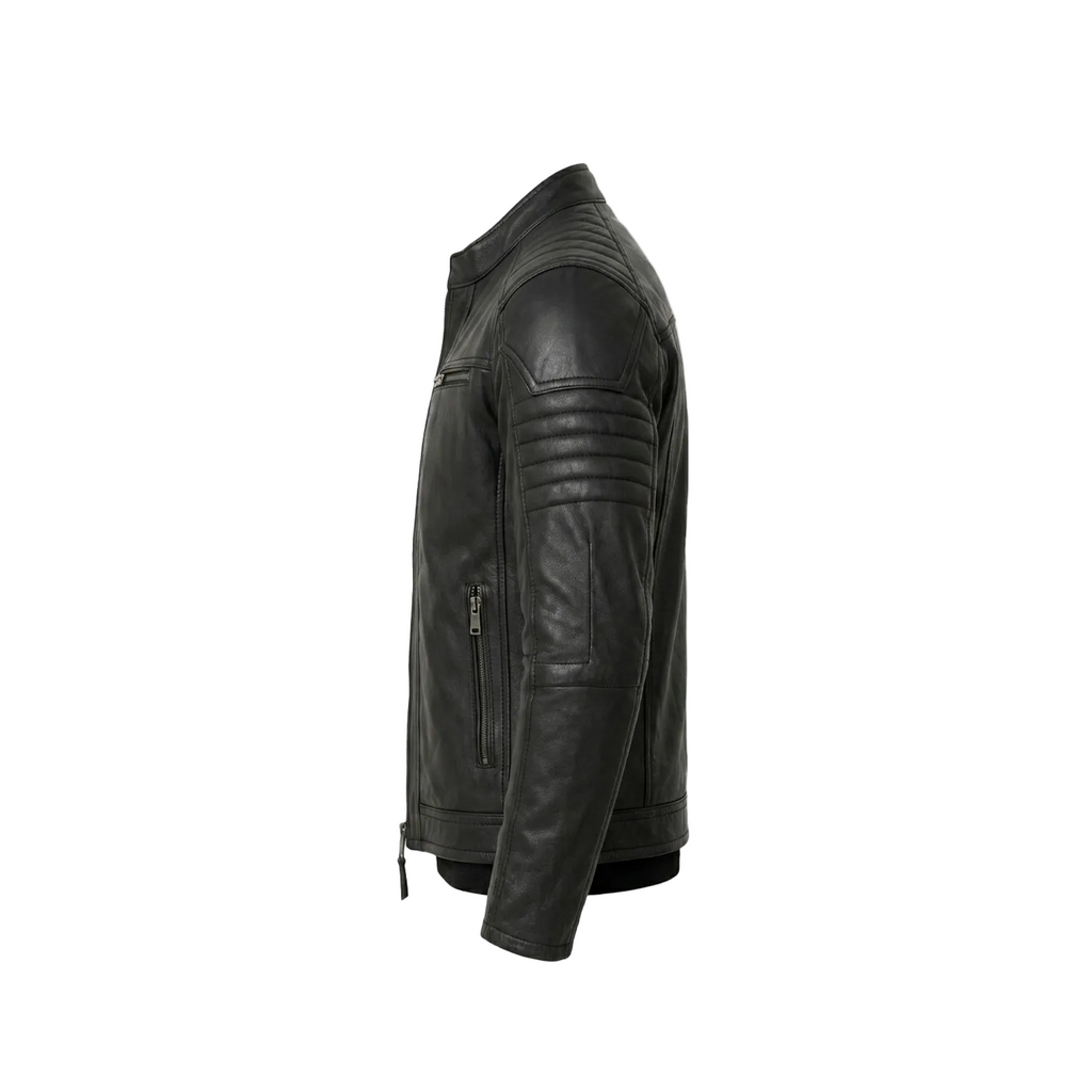 Black leather jacket on a white background with a brand logo.