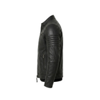 Black leather jacket on a white background with a brand logo.
