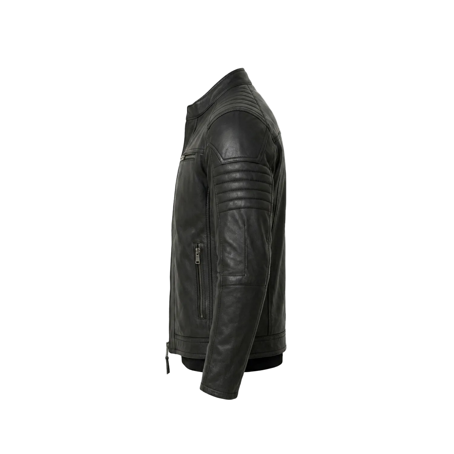 Black leather jacket on a white background with a brand logo.