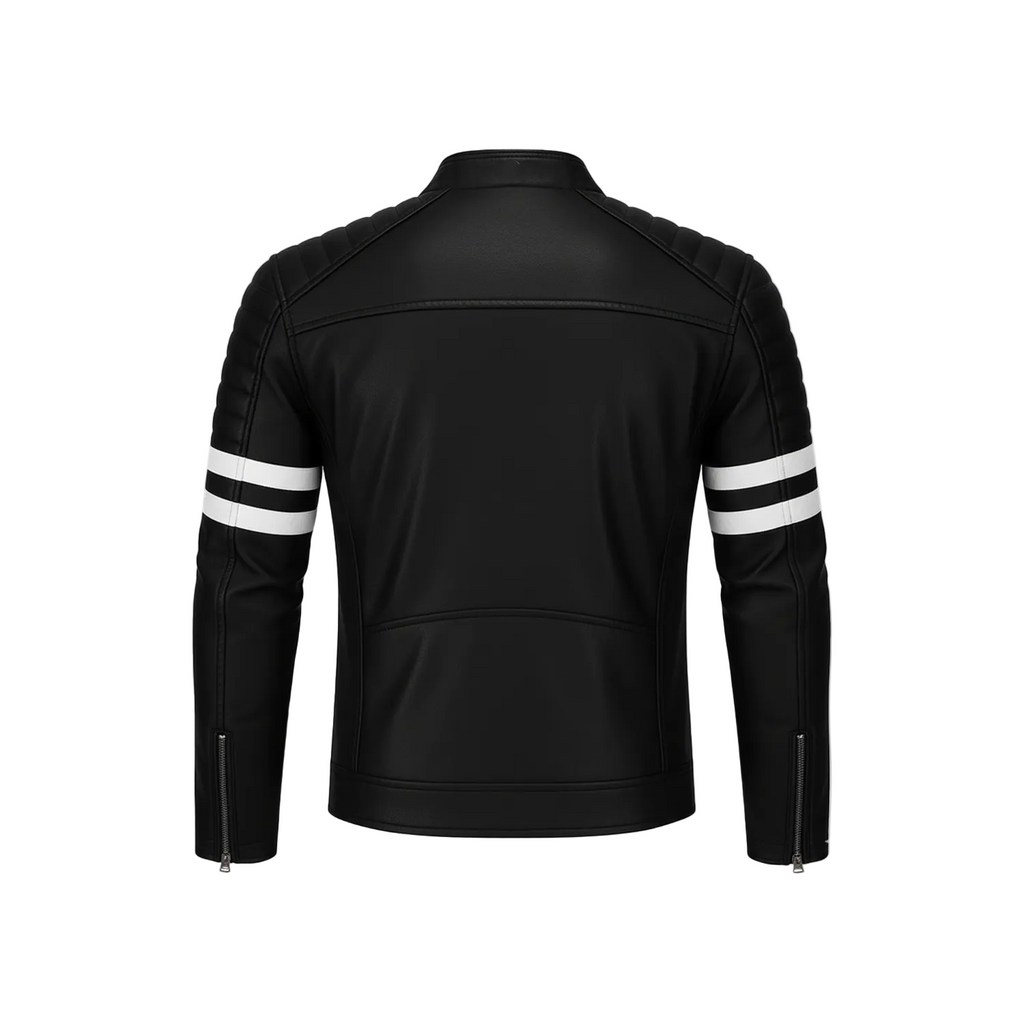 Black leather jacket with white stripes on sleeves on a white background