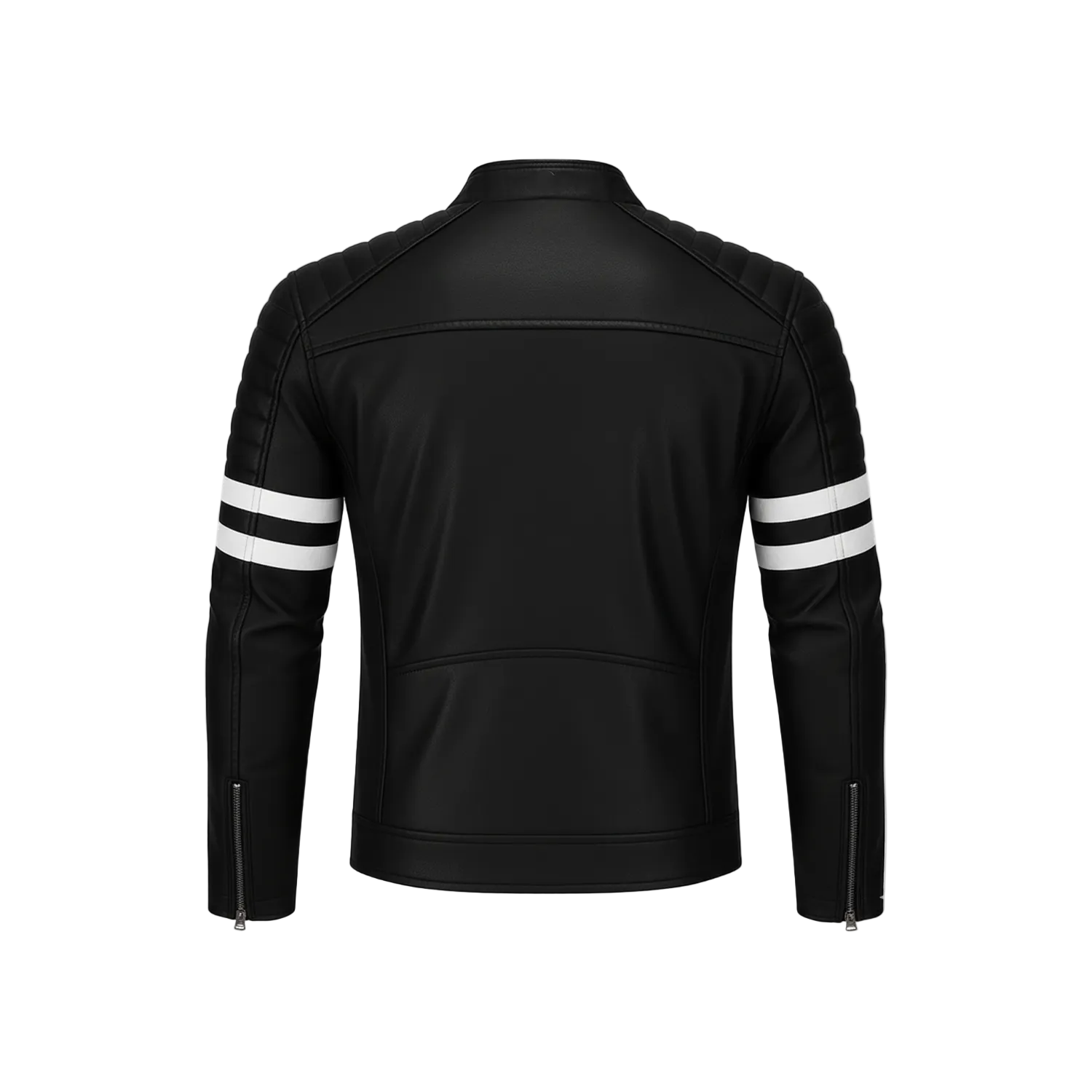 Black leather jacket with white stripes on sleeves on a white background