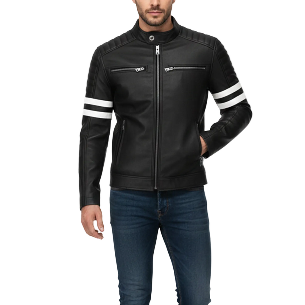 Black leather jacket with white stripes on sleeves worn by a person on a white background