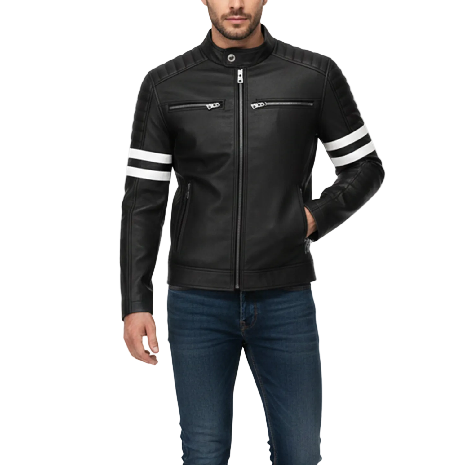 Black leather jacket with white stripes on sleeves worn by a person on a white background