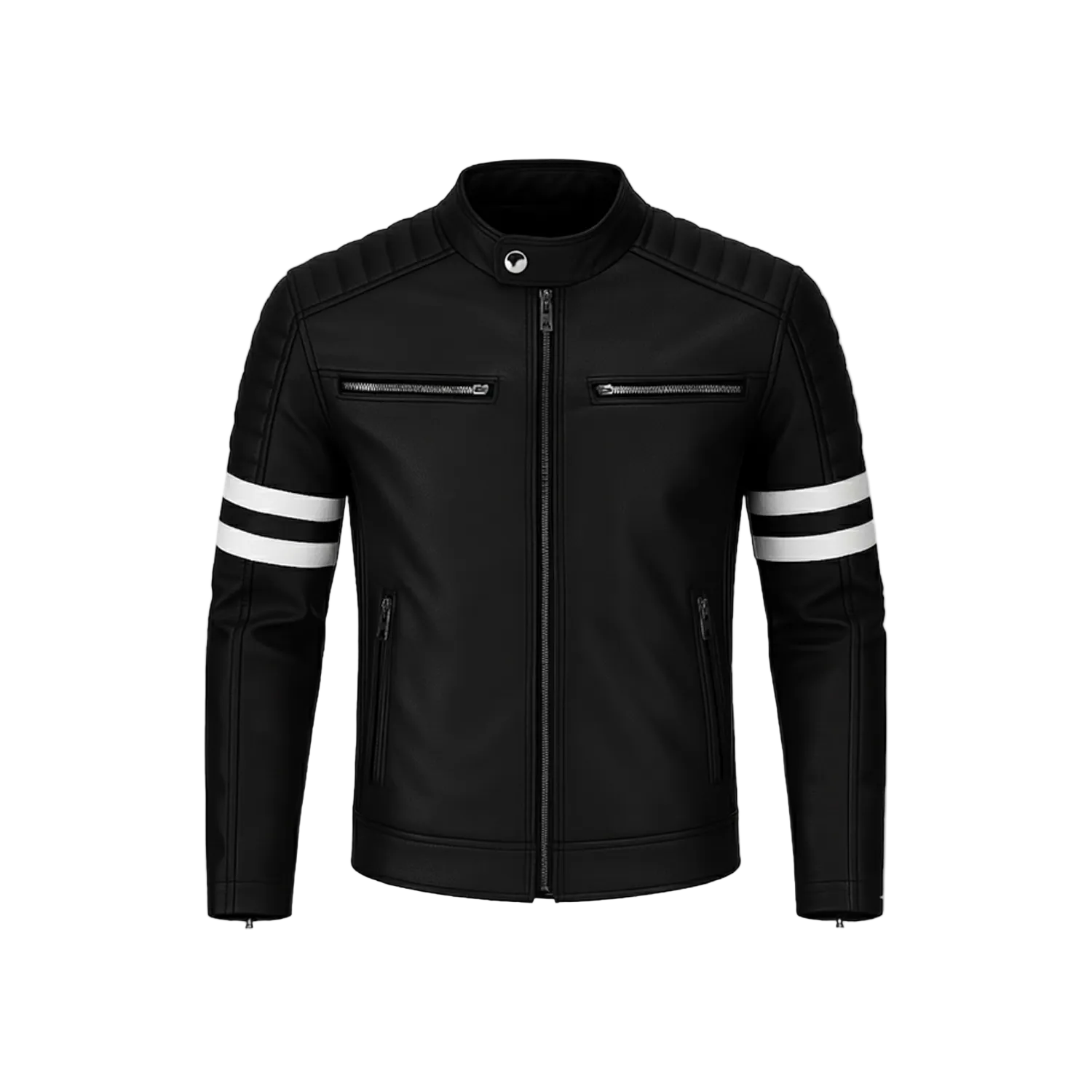 Black leather jacket with white stripes on sleeves on a white background