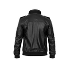 Black leather jacket on a white background with a brand logo.