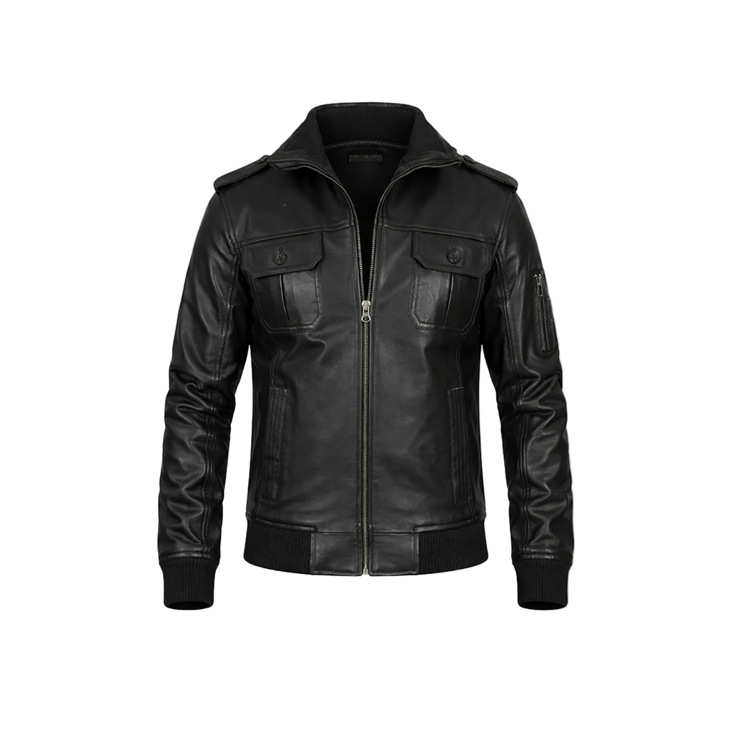 Black leather jacket with a brand logo on a white background