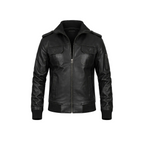 Black leather jacket with a brand logo on a white background