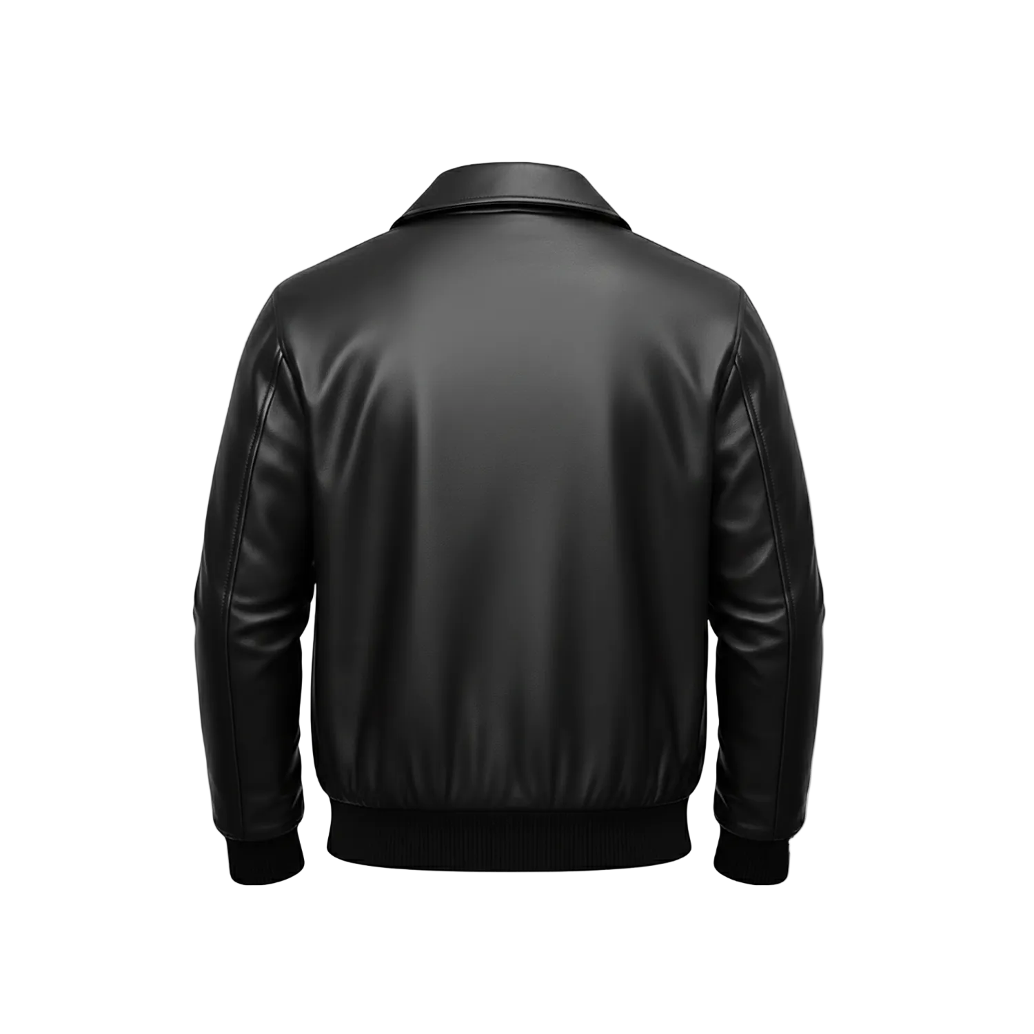 Black leather jacket on a white background with a brand logo in the corner.