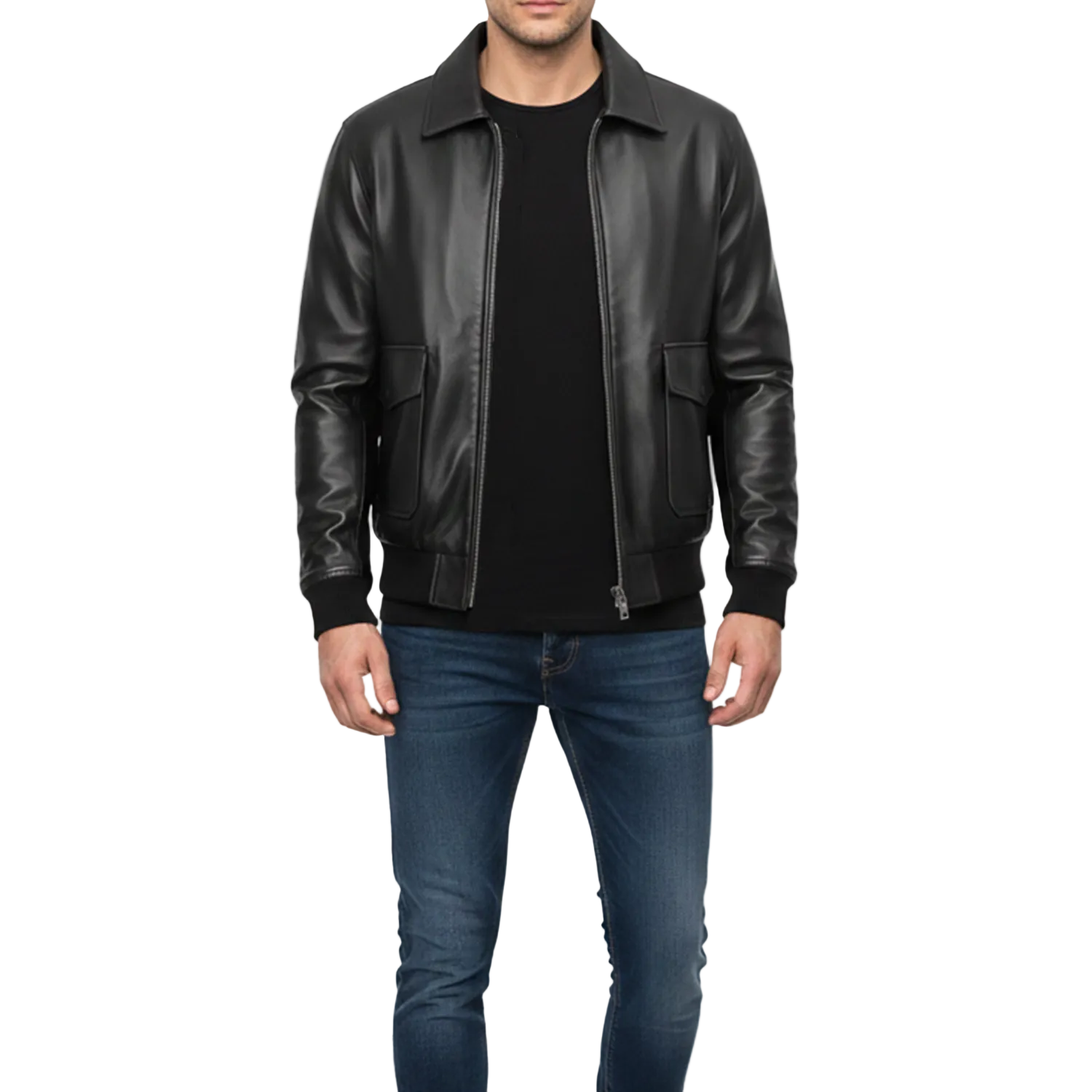 Man wearing a black leather jacket and blue jeans on a white background