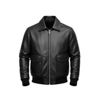 Black leather jacket on a white background with a brand logo.