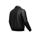Black leather jacket on a white background with a brand logo.