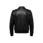 Black leather jacket on a white background with a brand logo in the corner.