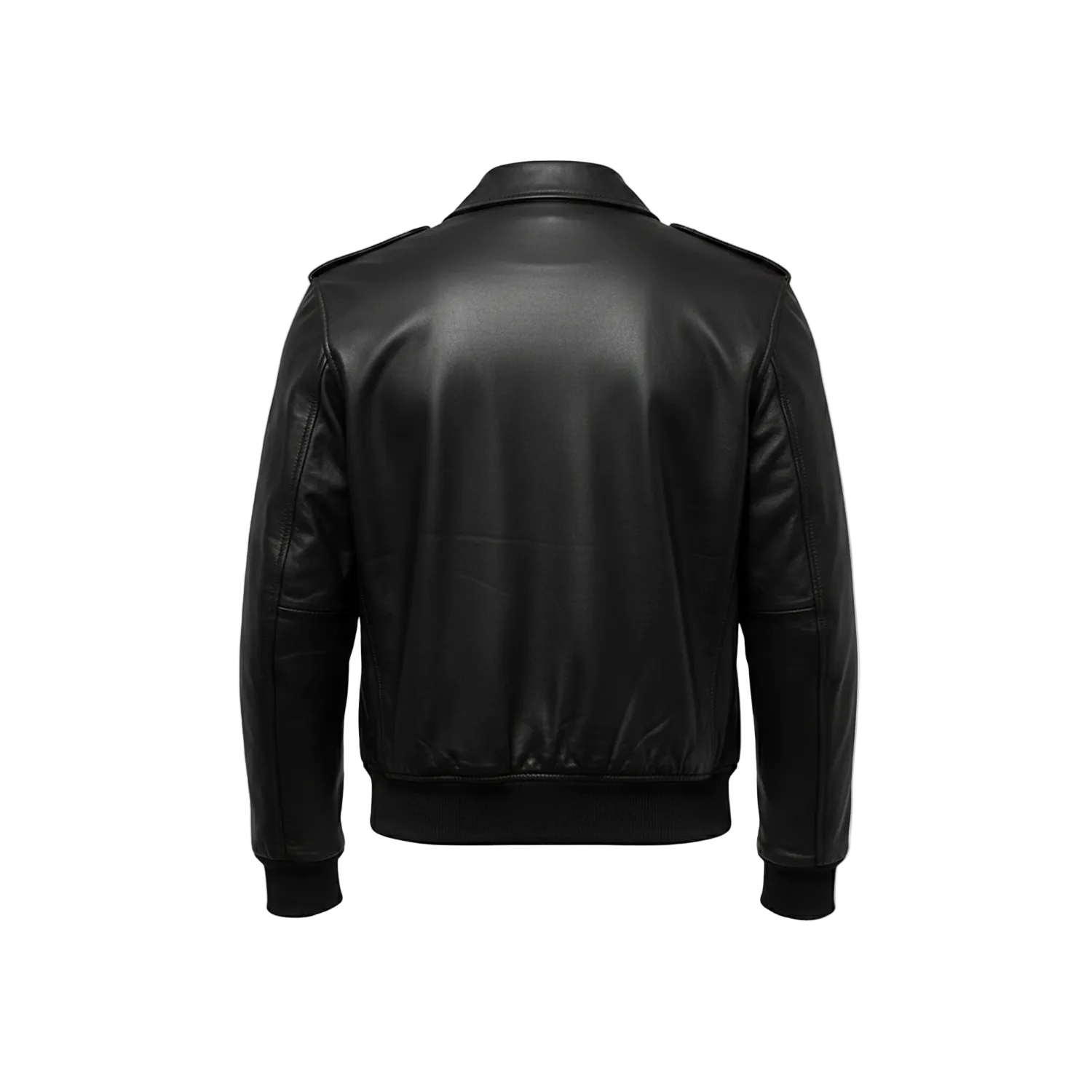 Black leather jacket on a white background with a brand logo in the corner.