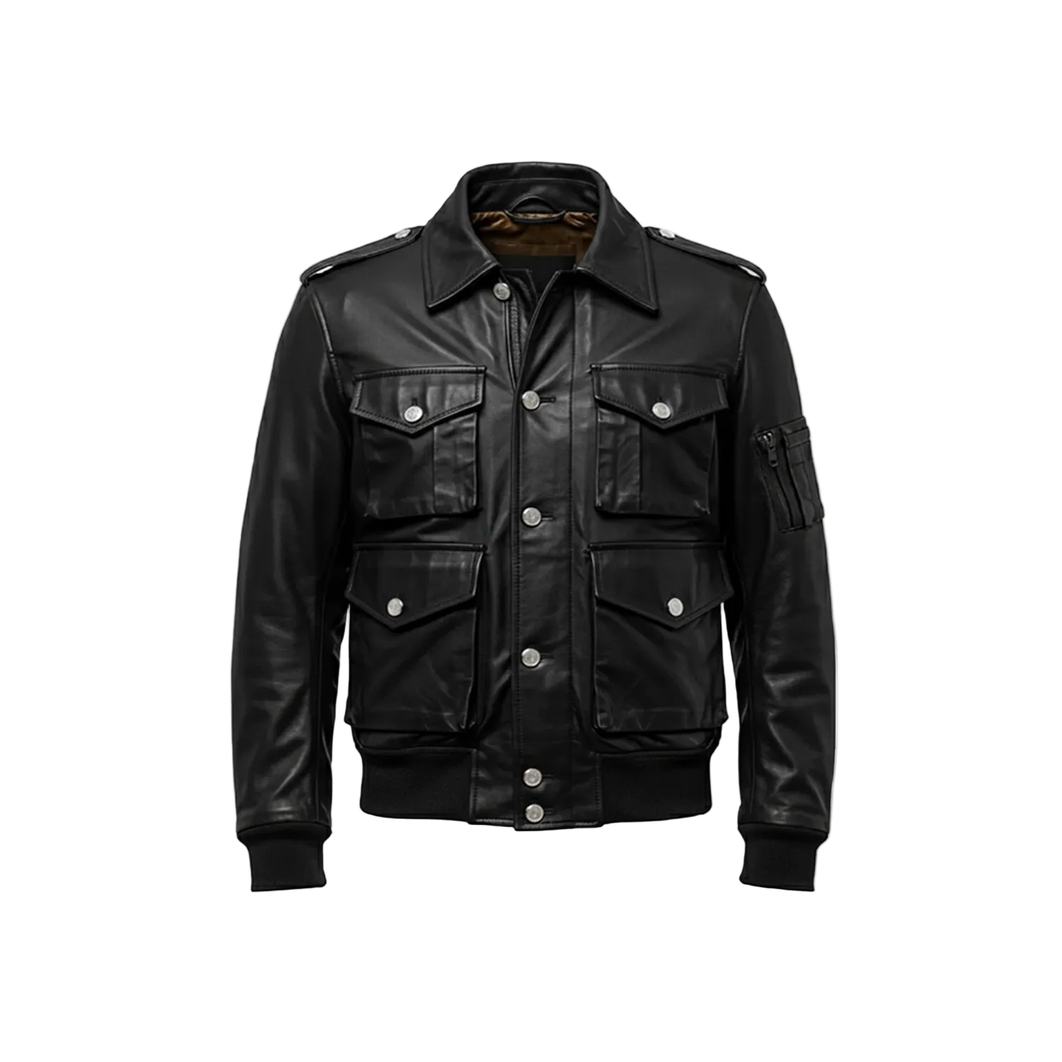 Black leather jacket with multiple pockets on a white background
