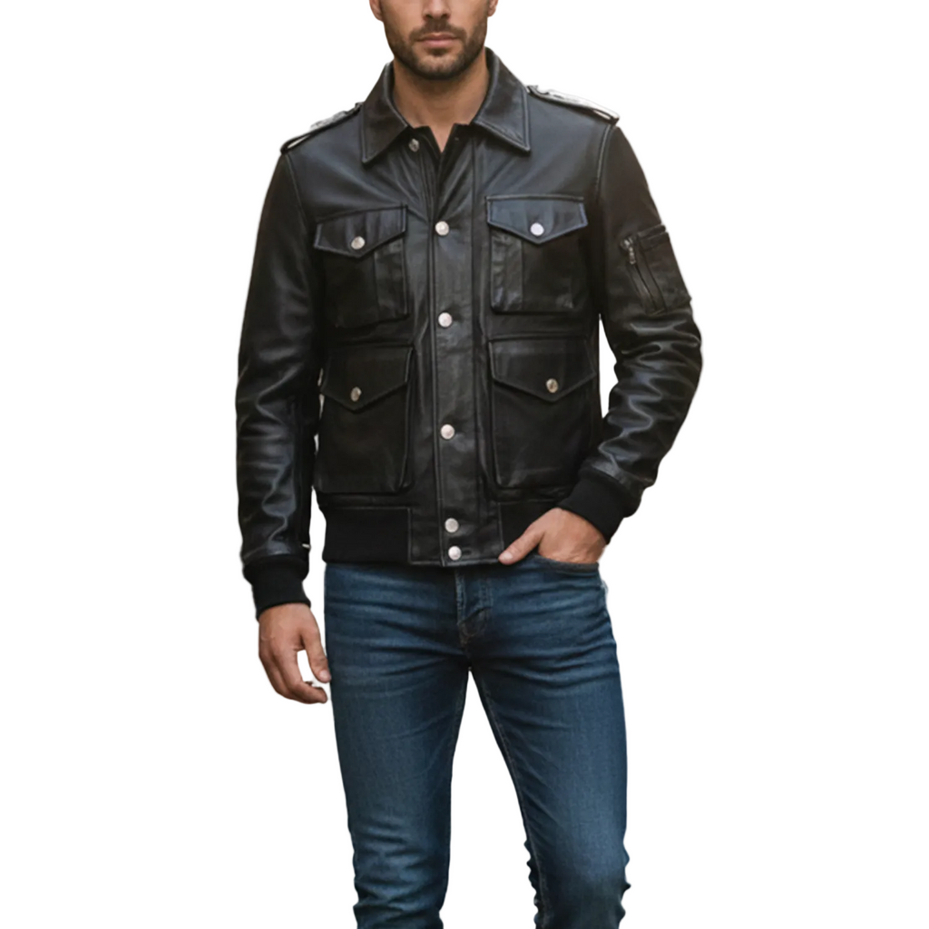 Man wearing a black leather jacket and blue jeans on a white background